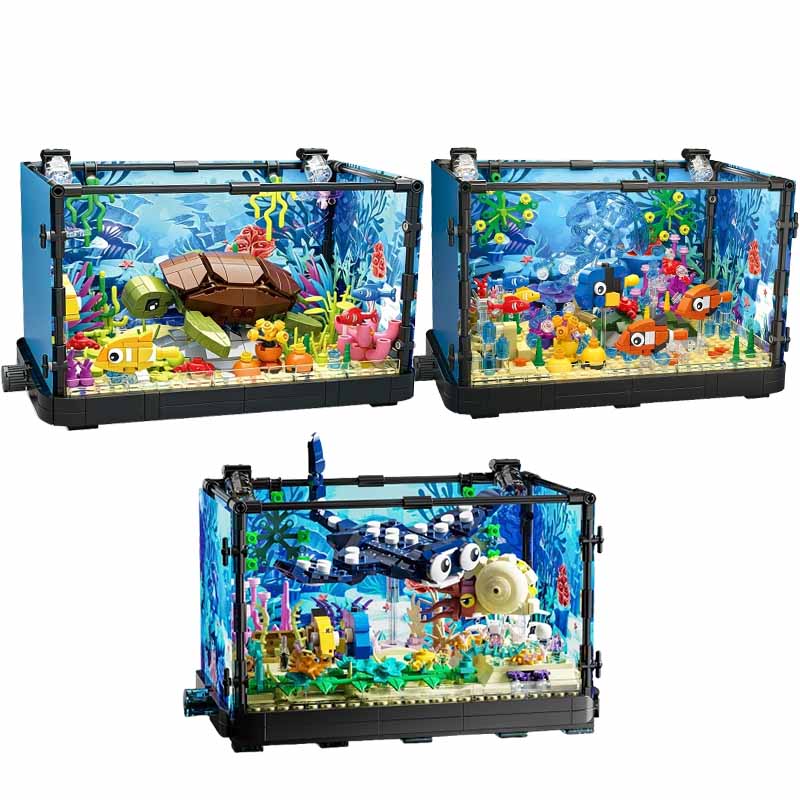 Aquarium Marine - ライト付き水槽ビルディングブロックセット、水槽、海洋カメ、14歳以上の子供向けビルディングブロックおもちゃ、ギフト、家の装飾