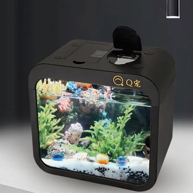 Marine Aquarium All In One - デスクトップ透明アクリル水槽プラスチック小型金魚水槽クリエイティブ水族館 LED ライト装飾付き (電池なし)